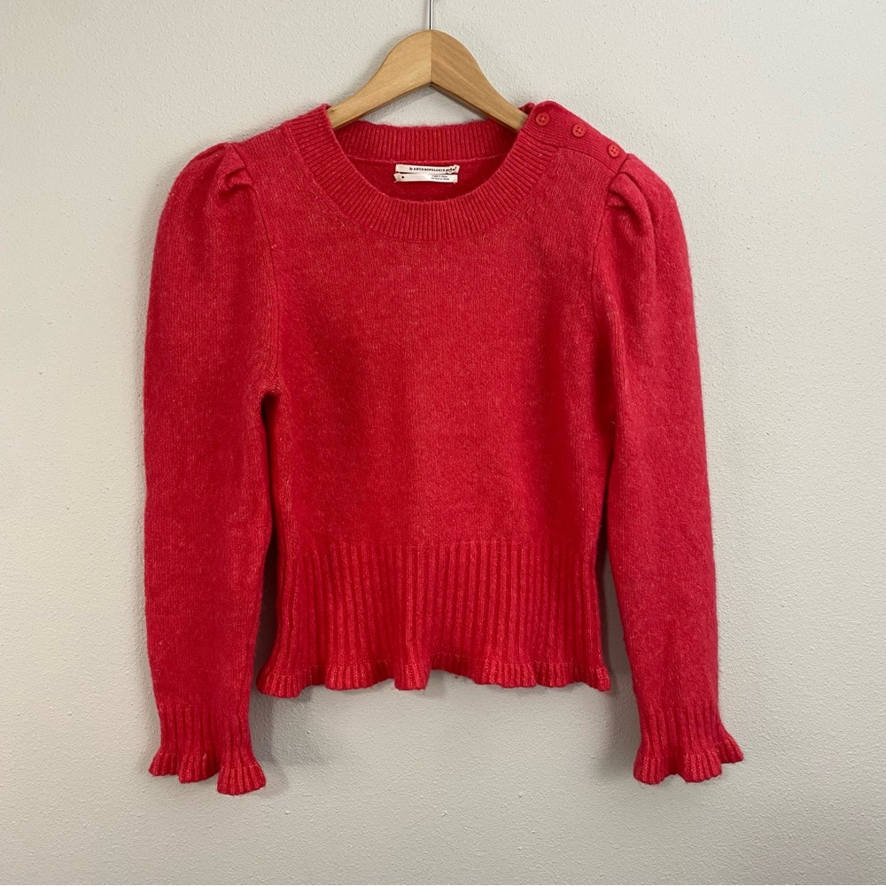 Anthropologie Drea Cropper Woolโ Sweater with Ruffles Pink Women's Size Medium